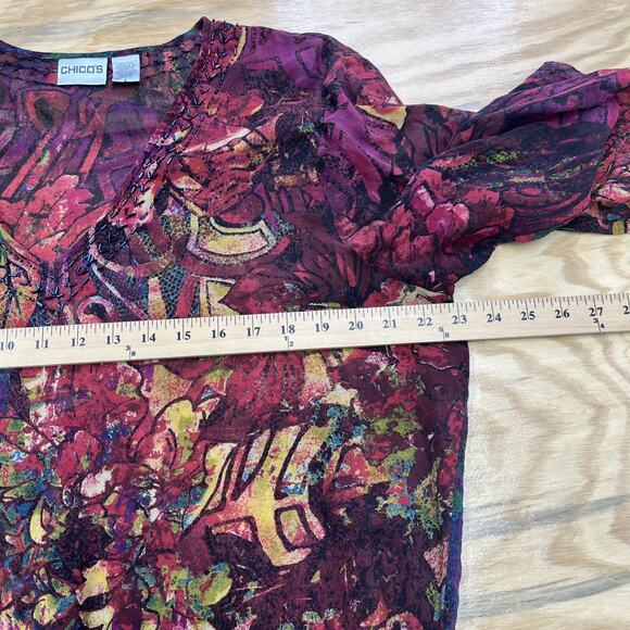 CHICO’s 100% Silk Sheer Chiffon Blouse Top Multicolor Size 3 14 Goblincore Indie - Picture 9 of 11